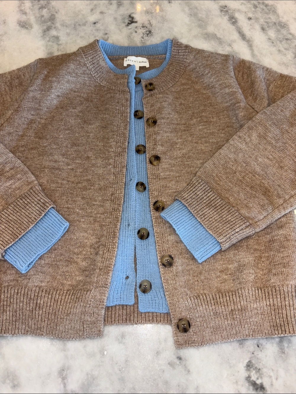 entro Brown Cardigan with Blue Trim
